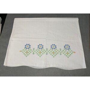 Hand-Embroidered White Pillowcase Blue & Green Floral Cross-Stitch Design 20" x